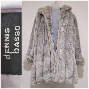 💟dennis basso silver gray faux fur coat SMALL